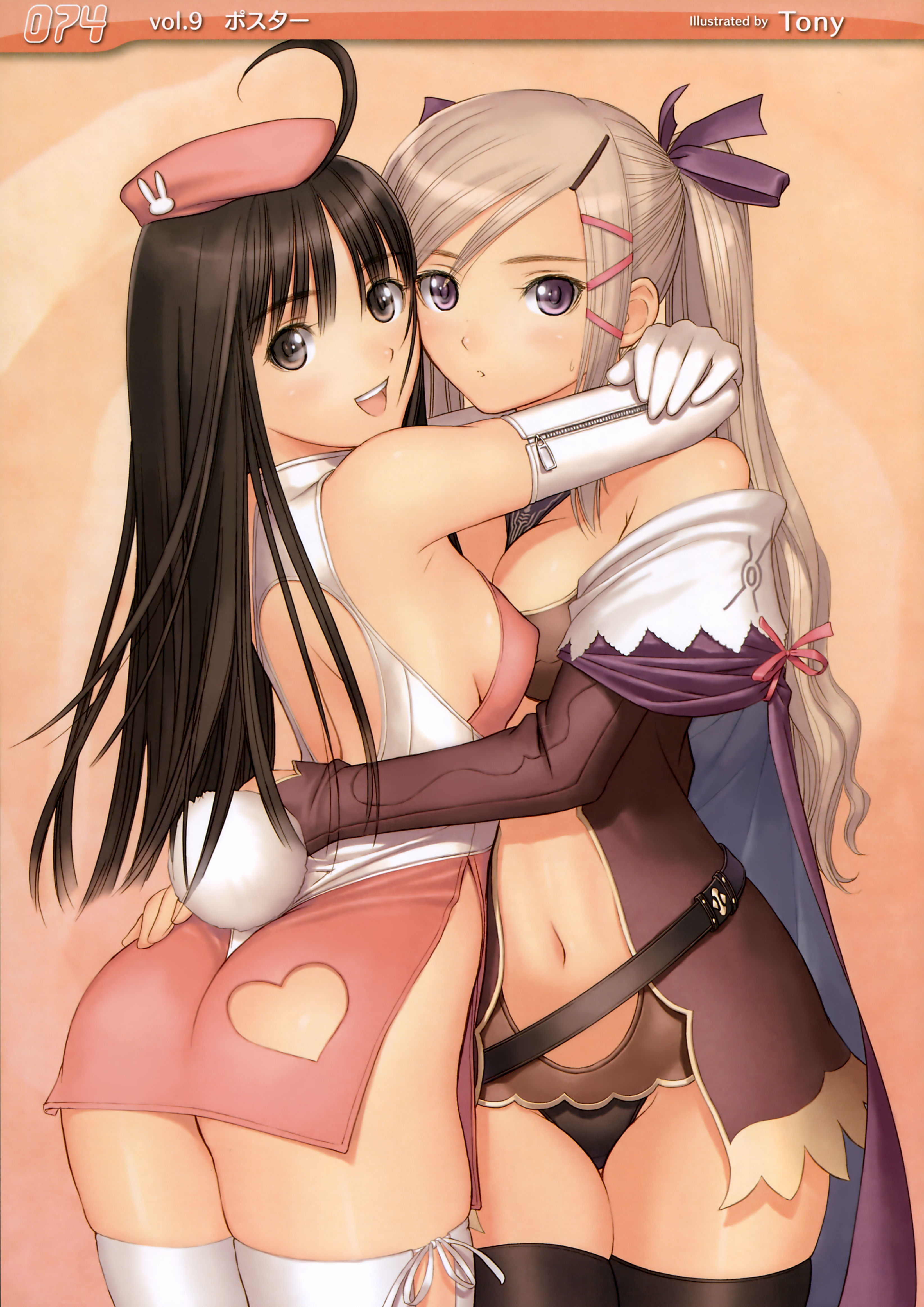 tony taka, original, silver hair, absurdres, highres, non-web source, scan, 2girls, ahoge, ass, back, belt, beret, black hair, black thighhighs, blonde hair, blush, breast press, breasts, bridal gauntlets, brown eyes, brown hair, cape, center opening, cleavage, dress, elbow gloves, fantasy, gloves, hair ornament, hair ribbon, hairclip, hat, heart, hug, legs, long hair, long legs, looking back, multiple girls, navel, no panties, off shoulder, open mouth, pink eyes, purple eyes, rabbit tail, ribbon, short dress, sideboob, smile, symmetrical docking, tail, thighhighs, twintails, white thighhighs, yuri, zettai ryouiki, zipper