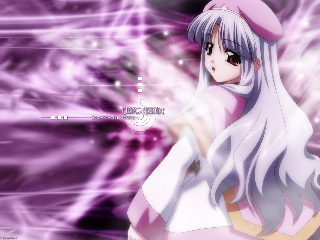 azmaria hendric, chrno crusade, bad tag, brown eyes, long hair, open mouth, purple hair