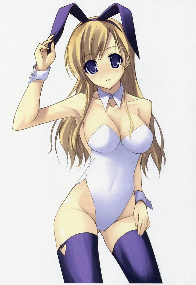 1girl, animal ears, armpits, bare shoulders, blonde hair, blue eyes, blush, breasts, cleavage, fake animal ears, female focus, happy, long hair, playboy bunny, rabbit ears, simple background, smile, solo, thighhighs, wrist cuffs
