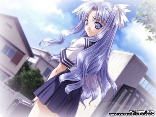 nanase aoi, kubo shouko, aroms.com, ashita no yukinojou, 1girl, bag, blue eyes, blue hair, blue skirt, blush, building, cloud, female focus, from behind, hair ribbon, holding, holding bag, lens flare, long hair, looking at viewer, looking back, ribbon, school, school bag, school uniform, shirt, short sleeves, skirt, sky, solo, tree, twintails, white ribbon, white shirt