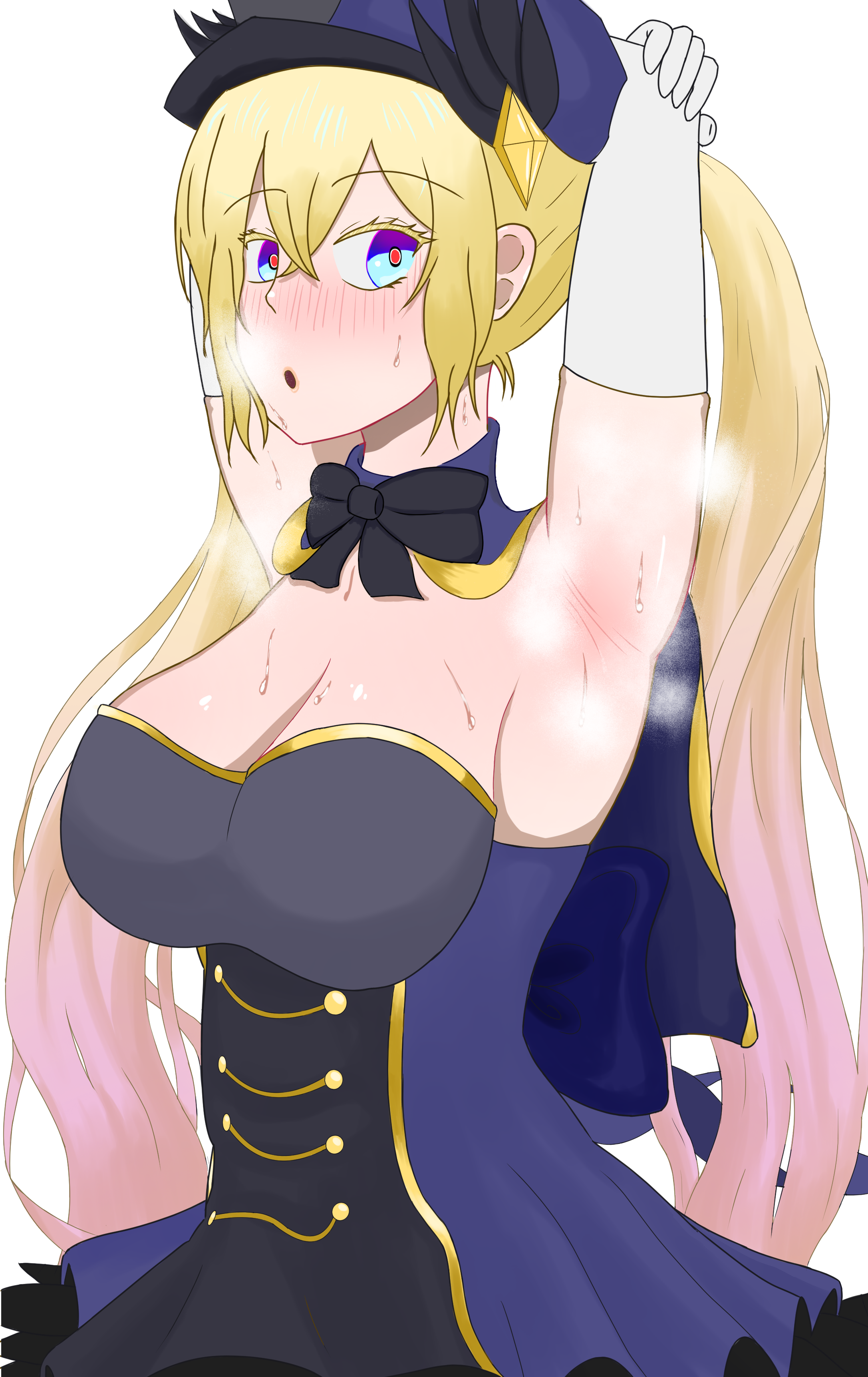 chaos gerda (gakuen) (grimms notes), chaos gerda (grimms notes), grimms notes, grimms notes gakuen, absurdres, highres, 1girl, aqua eyes, armpits, blonde hair, blue capelet, blue hat, breasts, capelet, cleavage, hat, large breasts, long hair, parted lips, red pupils, simple background, solo, twintails, user ekmd7255, very long hair, white background