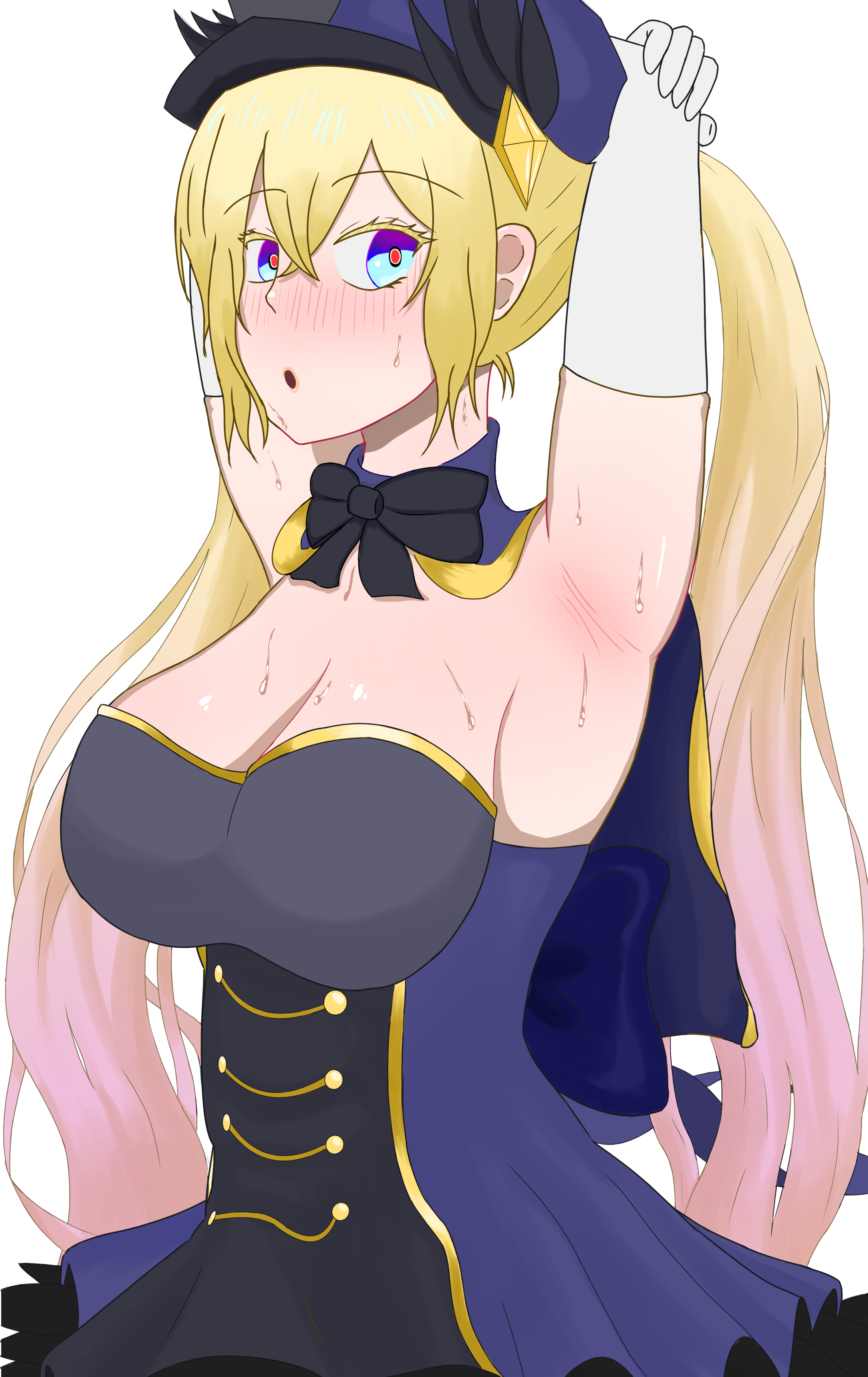 chaos gerda (gakuen) (grimms notes), chaos gerda (grimms notes), grimms notes, grimms notes gakuen, absurdres, highres, 1girl, aqua eyes, armpits, blonde hair, blue capelet, blue hat, breasts, capelet, cleavage, hat, large breasts, long hair, parted lips, red pupils, simple background, solo, twintails, user ekmd7255, very long hair, white background