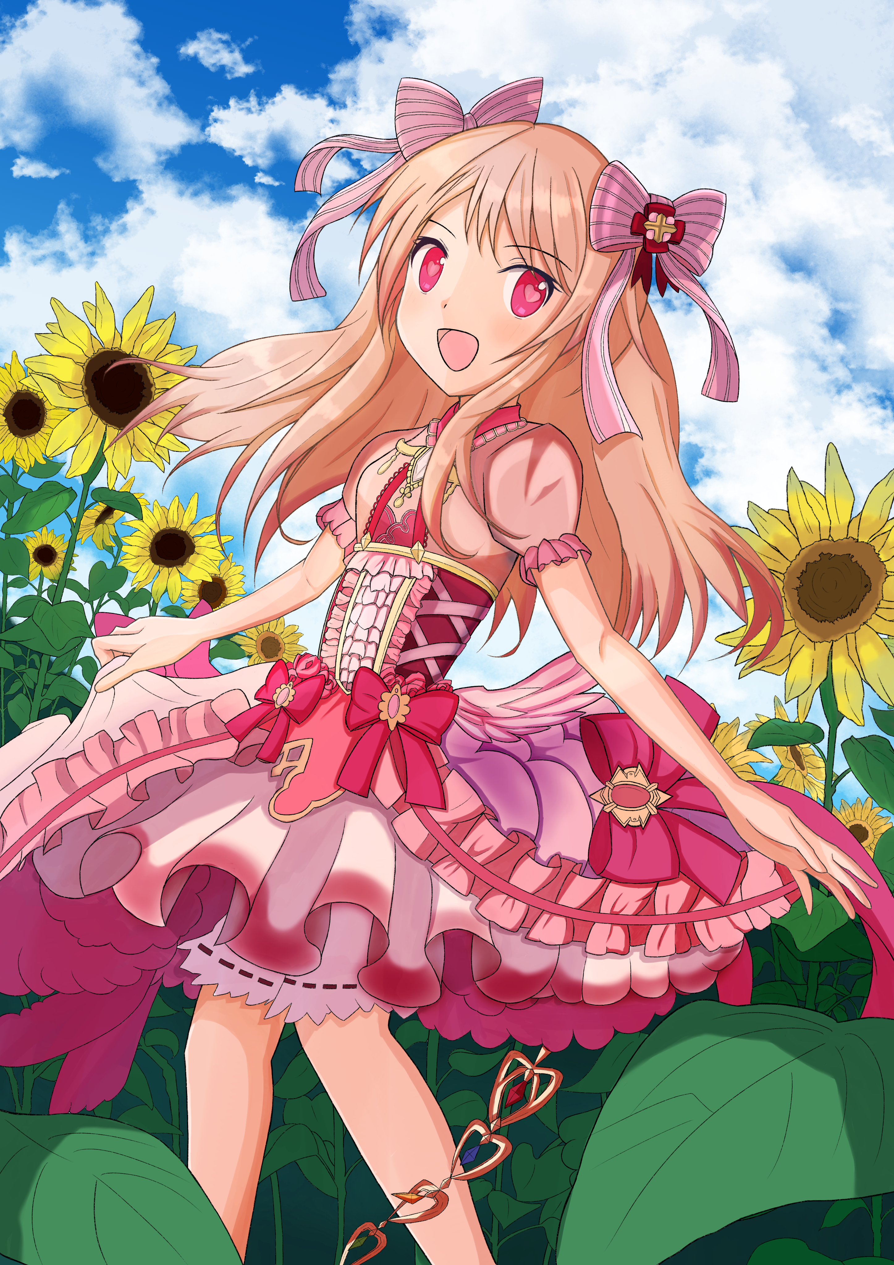 chaos marie (grimms notes), grimms notes, absurdres, highres, 1girl, artistic error, blonde hair, field, flower, flower field, heart, heart-shaped pupils, long hair, open mouth, pink eyes, puffy short sleeves, puffy sleeves, ryo4423, short sleeves, smile, solo, sunflower, sunflower field, symbol-shaped pupils