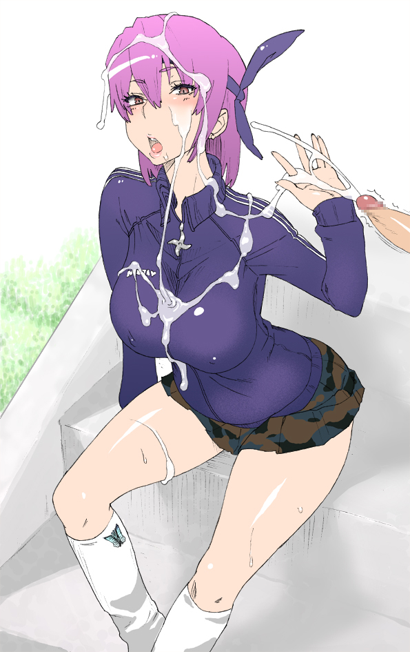 ogata mamimi, ayane (doa), dead or alive, tecmo, bad id, bad pixiv id, 1girl, breasts, bukkake, censored, cum, cum on body, cum on breasts, cum on clothes, cum on hair, cum on lower body, cum on upper body, ejaculation, facial, hair ornament, headband, hetero, jacket, jersey, large breasts, miniskirt, penis, pink hair, pleated skirt, purple hair, school uniform, short hair, skirt, socks, solo focus, track jacket