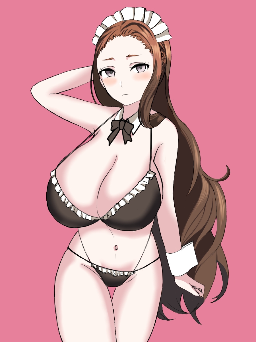 mona lisa (grimms notes), grimms notes, highres, 0vg2zj577884x7m, 1girl, bikini, breasts, brown hair, closed mouth, grey eyes, huge breasts, long hair, looking at viewer, maid, maid bikini, navel, pink background, simple background, solo, swimsuit, unconventional maid, very long hair