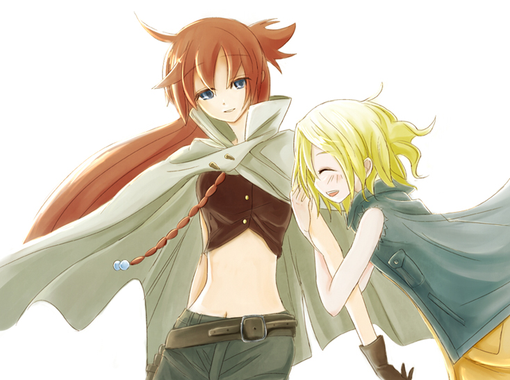 mo (pixiv51929), ellis, ellis (el cazador de la bruja), nadie, el cazador de la bruja, arm grab, 00s, 2girls, blonde hair, brown hair, cape, gloves, long hair, midriff, multiple girls, navel, short hair, sleeveless, yuri