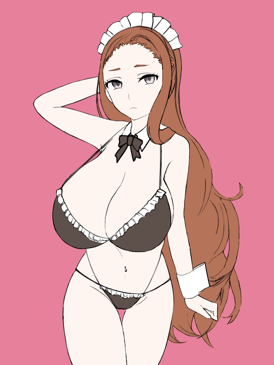 mona lisa (grimms notes), grimms notes, highres, unfinished, 0vg2zj577884x7m, 1girl, bikini, breasts, brown hair, closed mouth, flat color, grey eyes, huge breasts, long hair, looking at viewer, maid, maid bikini, navel, pink background, simple background, solo, swimsuit, unconventional maid, very long hair