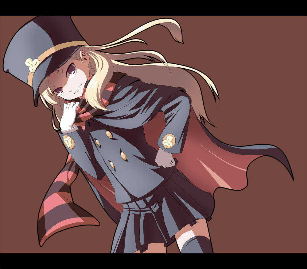 ippaiccha, yudofu, chiaki (shigofumi), shigofumi, uniform, bad id, bad pixiv id, 00s, 1girl, blonde hair, brown background, cape, female focus, hat, letterboxed, long hair, orange eyes, scarf, shako cap, skirt, solo, striped clothes, striped scarf, thighhighs, zettai ryouiki