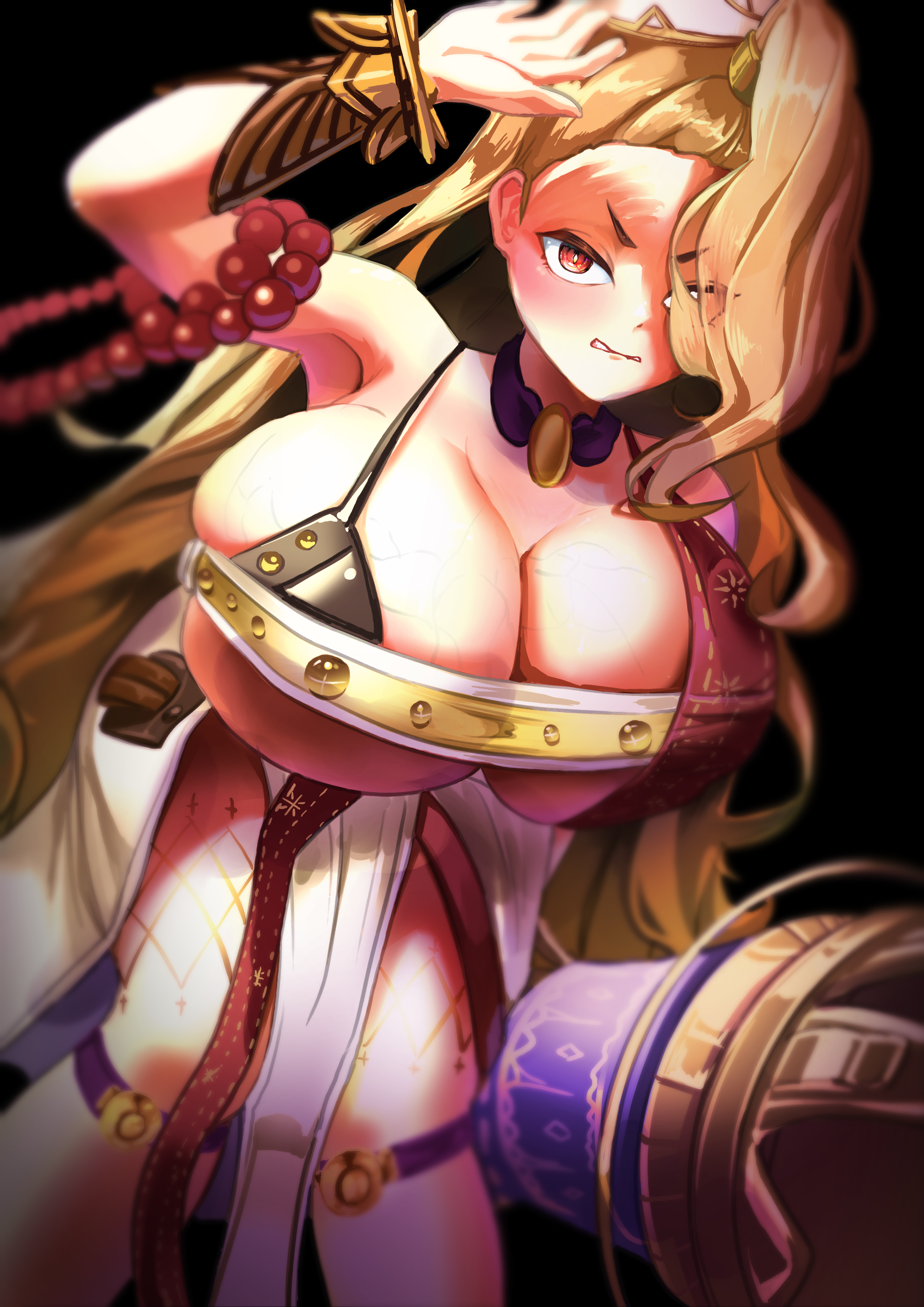go5ne, sanzang fashi (grimms notes), grimms notes, absurdres, highres, 1girl, black background, breasts, bright pupils, cleavage, holding cannon, huge breasts, looking at viewer, orange hair, red eyes, sanzang fashi (shinsei) (grimms notes), simple background, solo, white pupils