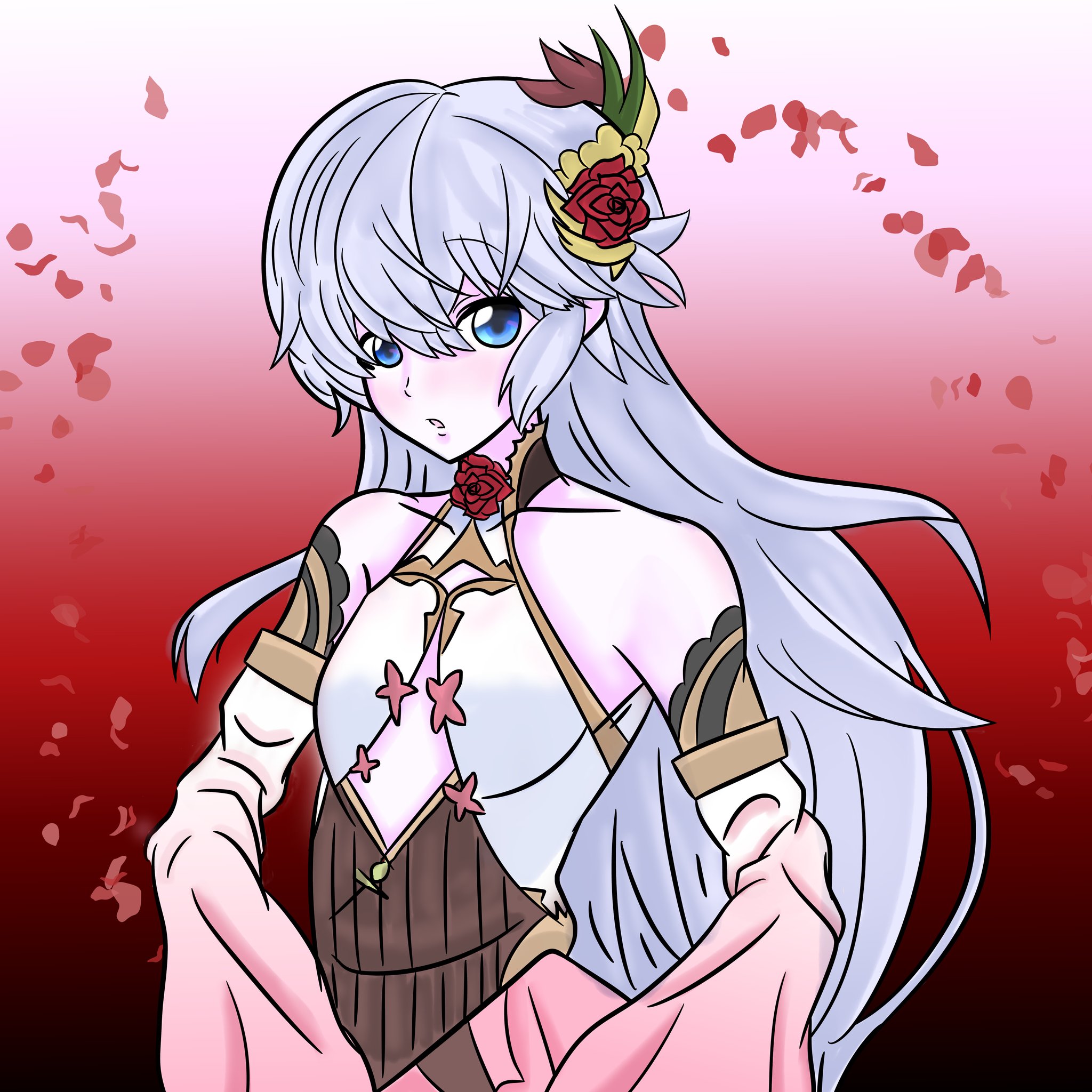rose fairy unfan (grimms notes), grimms notes, highres, 1girl, blue eyes, breasts, grey hair, long hair, naof19981111, solo, upper body
