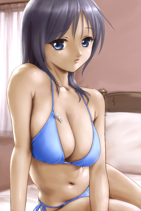 rasukaru, original, 1girl, bare shoulders, bed, bikini, blue bikini, blue eyes, breasts, cleavage, curtains, female focus, large breasts, lips, long hair, navel, price tag, purple hair, side-tie bikini bottom, sitting, solo, string bikini, swimsuit