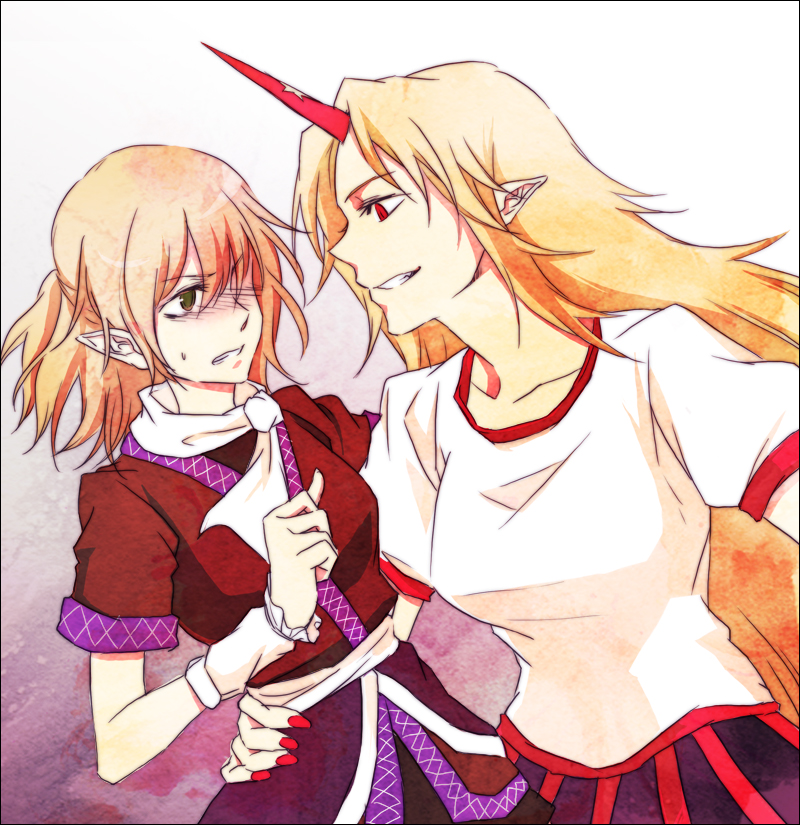 negom, hoshiguma yuugi, mizuhashi parsee, touhou, bad id, bad pixiv id, 2girls, blonde hair, blush, female focus, green eyes, grin, horns, hug, long hair, multiple girls, oni, red eyes, single horn, smile, waist hug, yuri