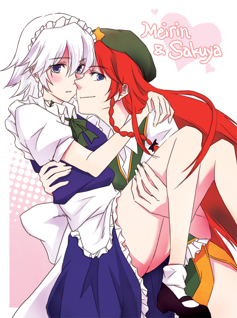 negom, hong meiling, izayoi sakuya, embodiment of scarlet devil, touhou, silver hair, bad id, bad pixiv id, 2girls, blush, braid, carrying, character name, female focus, hairband, hat, hug, long hair, maid, maid headdress, multiple girls, princess carry, red hair, ribbon, smile, yuri