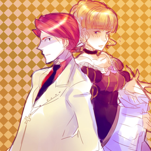 kotono, beatrice (umineko), ushiromiya battler, umineko no naku koro ni, bad id, bad pixiv id, lowres, 00s, blonde hair, blue eyes, choker, dress, jacket, necktie, red hair, short hair