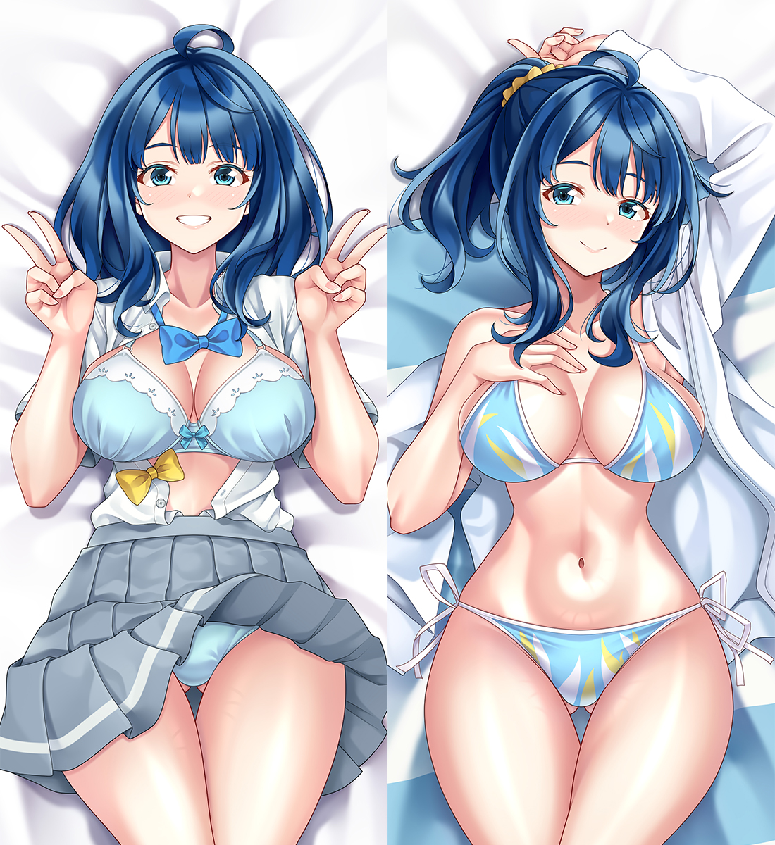 suzu miya, yanami anna, cuddly octopus, make heroine ga oo sugiru!, commentary request, highres, 1girl, ahoge, beach towel, bikini, blue bikini, blue bow, blue bowtie, blue bra, blue eyes, blue hair, blue panties, bow, bowtie, bra, breasts, closed mouth, clothes lift, cowboy shot, dakimakura (medium), double v, grey skirt, grin, hand on own chest, jacket, large breasts, looking at viewer, lying, medium hair, multiple views, navel, on back, open clothes, open jacket, open shirt, panties, pleated skirt, school uniform, shirt, side-tie bikini bottom, skirt, skirt lift, smile, swimsuit, towel, tsuwabuki high school uniform, underwear, v, white jacket, white shirt, yellow bow, yellow bowtie