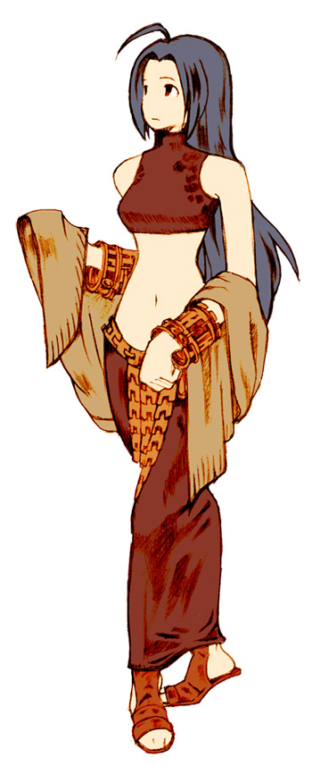 zearthp, dancer (fft), miura azusa, final fantasy, final fantasy tactics, idolmaster, idolmaster (classic), idolmaster 1, 1girl, ahoge, blue hair, bracelet, female focus, jewelry, long hair, midriff, navel, parody, red eyes, sandals, shawl, simple background, sleeveless, sleeveless turtleneck, solo, style parody, turtleneck