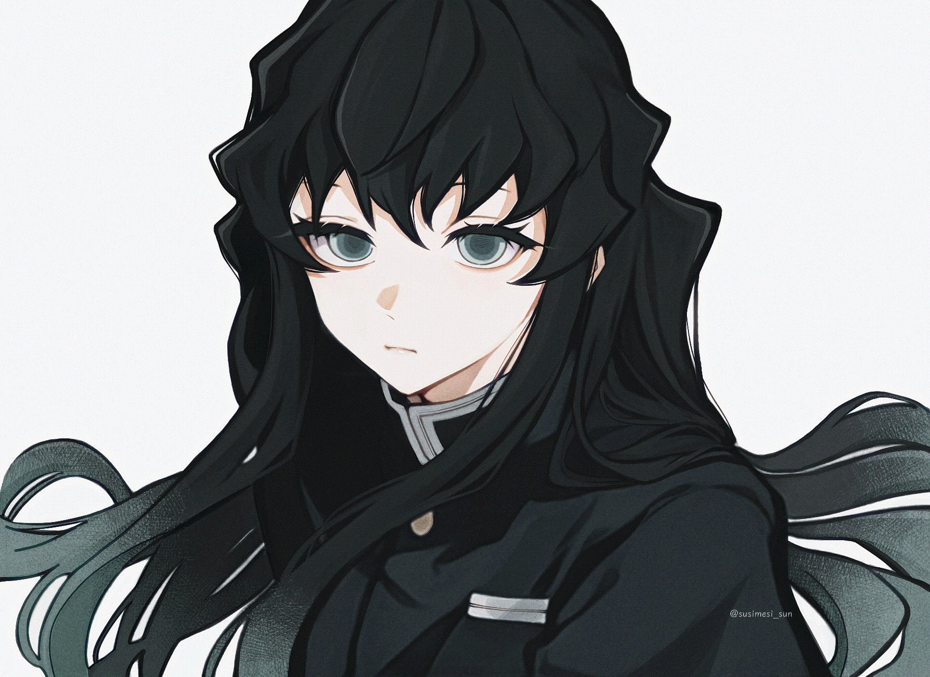 tokitou muichirou, kimetsu no yaiba, highres, 1boy, aqua eyes, aqua hair, black hair, black jacket, buttons, closed mouth, empty eyes, gold buttons, hair between eyes, jacket, long hair, long sidelocks, looking at viewer, male focus, multicolored hair, sidelocks, simple background, solo, susimesi sun, twitter username, two-tone hair, upper body, very long hair, white background