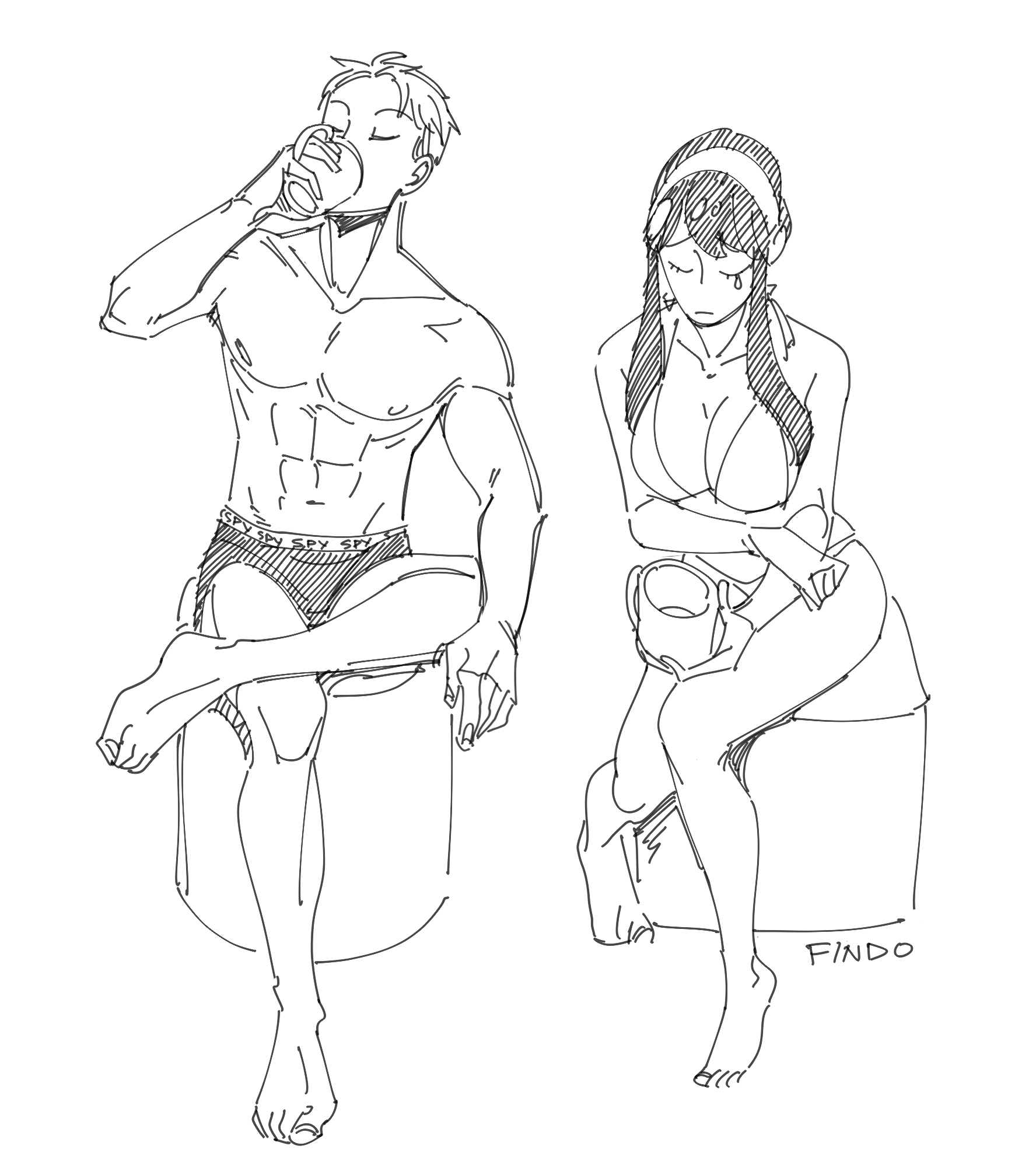 findoworld, twilight (spy x family), yor briar, spy x family, highres, 1boy, 1girl, abs, artist name, barefoot, black hair, black male underwear, bra, breasts, cleavage, closed eyes, crossed arms, crossed legs, cup, earrings, full body, greyscale, hairband, holding, holding cup, jewelry, large breasts, light frown, long hair, male underwear, monochrome, parted bangs, short hair, sidelocks, sitting, sketch, tears, toned, toned male, topless male, underwear, updo, white background, white bra, white hairband