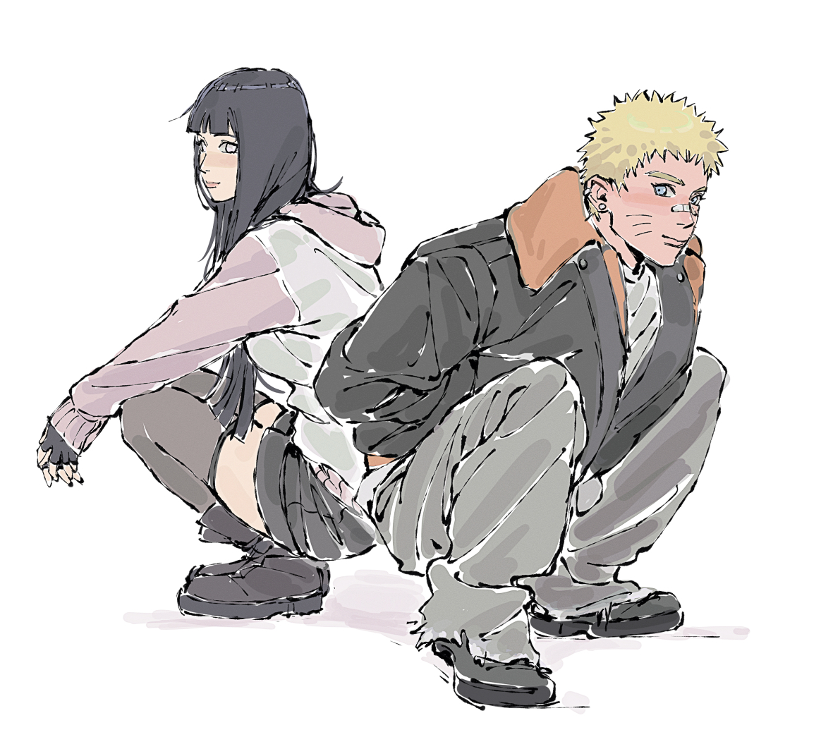 beerenfuchs, hyuuga hinata, uzumaki naruto, naruto: the last, naruto (series), commentary, english commentary, 1boy, 1girl, back-to-back, bandaid, bandaid on face, bandaid on nose, black gloves, black hair, black jacket, blonde hair, blue eyes, blunt bangs, casual, ear piercing, earrings, facial mark, fingerless gloves, gloves, grey pants, grey thighhighs, interlocked fingers, jacket, jewelry, pants, piercing, pink eyes, sleeves past wrists, squatting, thighhighs, two-tone hoodie, whisker markings