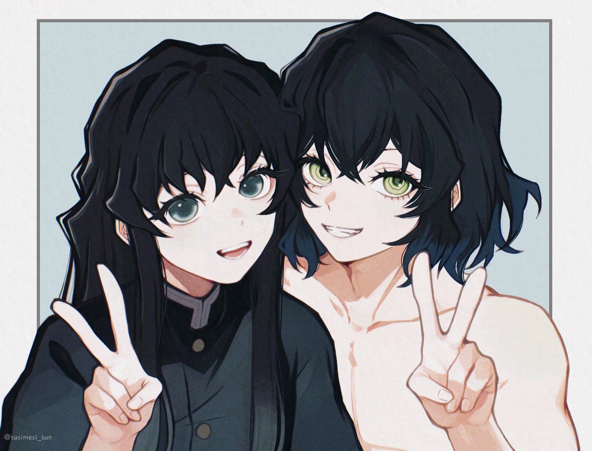 hashibira inosuke, tokitou muichirou, kimetsu no yaiba, highres, 2boys, aqua background, aqua eyes, aqua hair, black hair, black jacket, blue hair, border, buttons, collarbone, fingernails, gold buttons, green eyes, grin, hair between eyes, hand up, jacket, long hair, long sidelocks, looking at viewer, male focus, multicolored hair, multiple boys, short hair, sidelocks, simple background, smile, susimesi sun, toned, toned male, tongue, topless male, twitter username, two-tone hair, upper body, very long hair, white background, white border