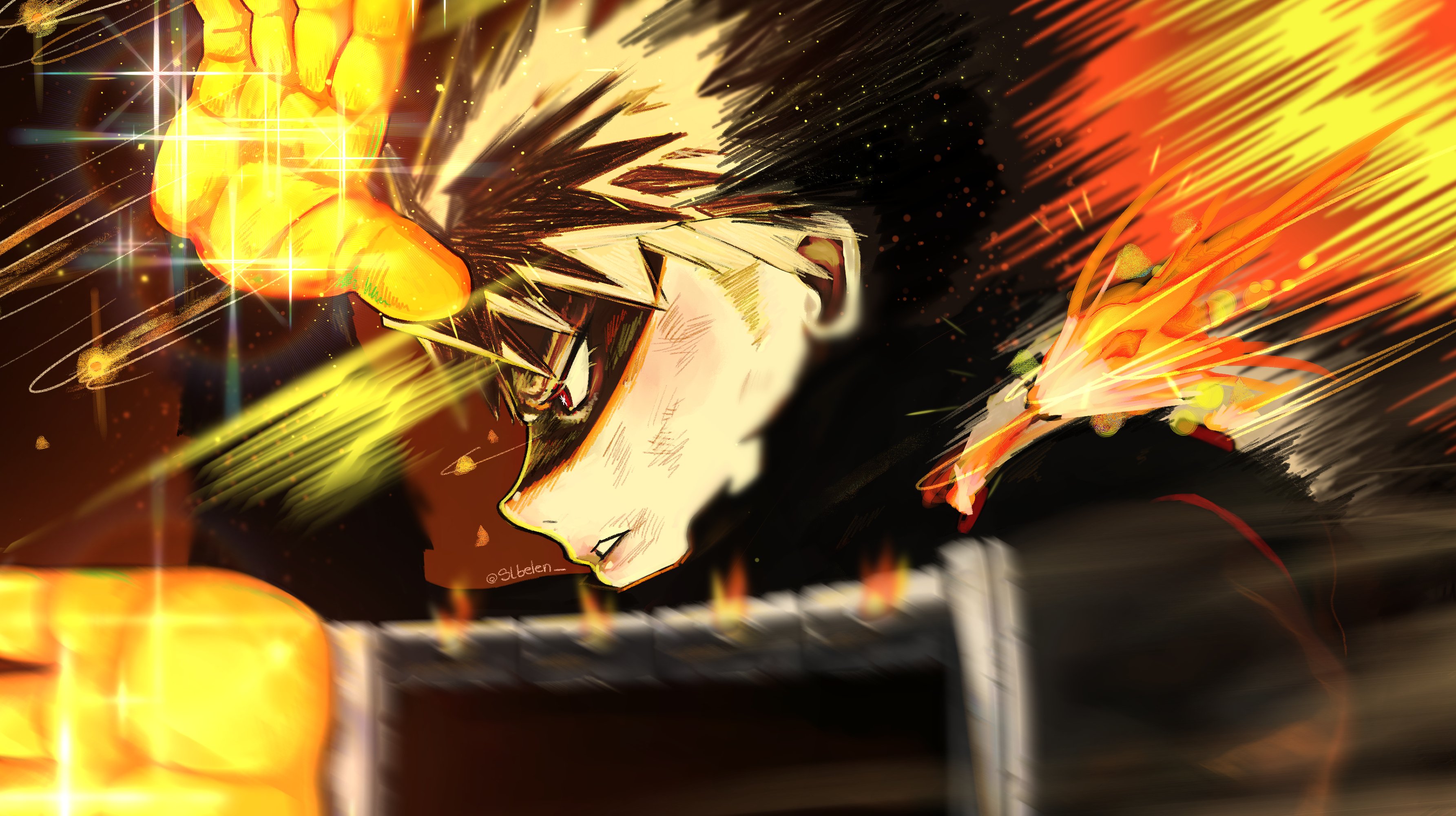 bel (slbelen ), bakugou katsuki, boku no hero academia, absurdres, commentary, highres, symbol-only commentary, 1boy, arms up, blonde hair, dirty, dirty face, fire, from side, gloves, long sleeves, male focus, medium sideburns, parted lips, profile, red eyes, short hair, solo, sparkle, spiked hair, superhero costume, teeth, twitter username