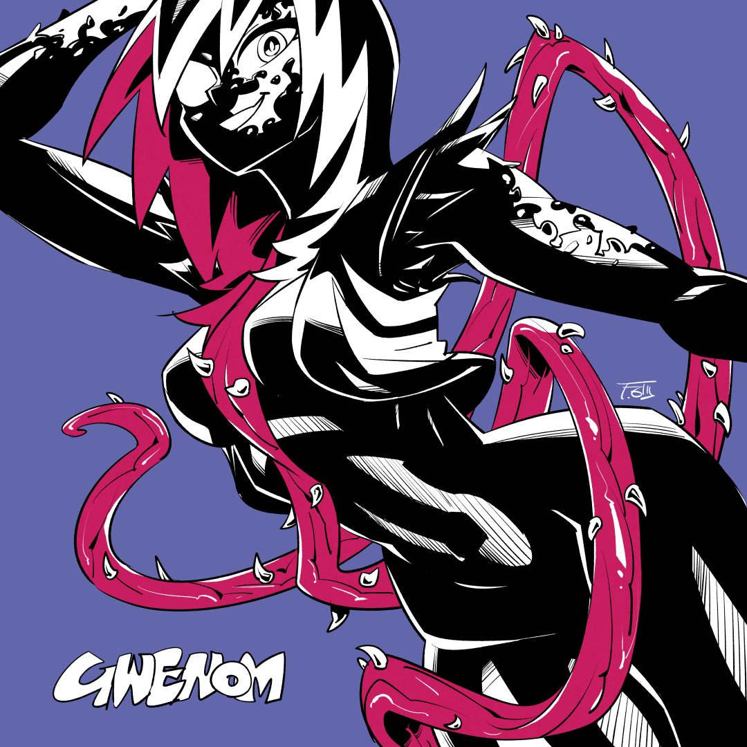 sunafuki tabito, gwen stacy, gwenom, marvel, spider-man (series), commentary, 1girl, black bodysuit, bodysuit, breasts, character name, dark persona, forked tongue, long tongue, looking at viewer, medium breasts, smile, solo, symbiote, tongue, very long tongue