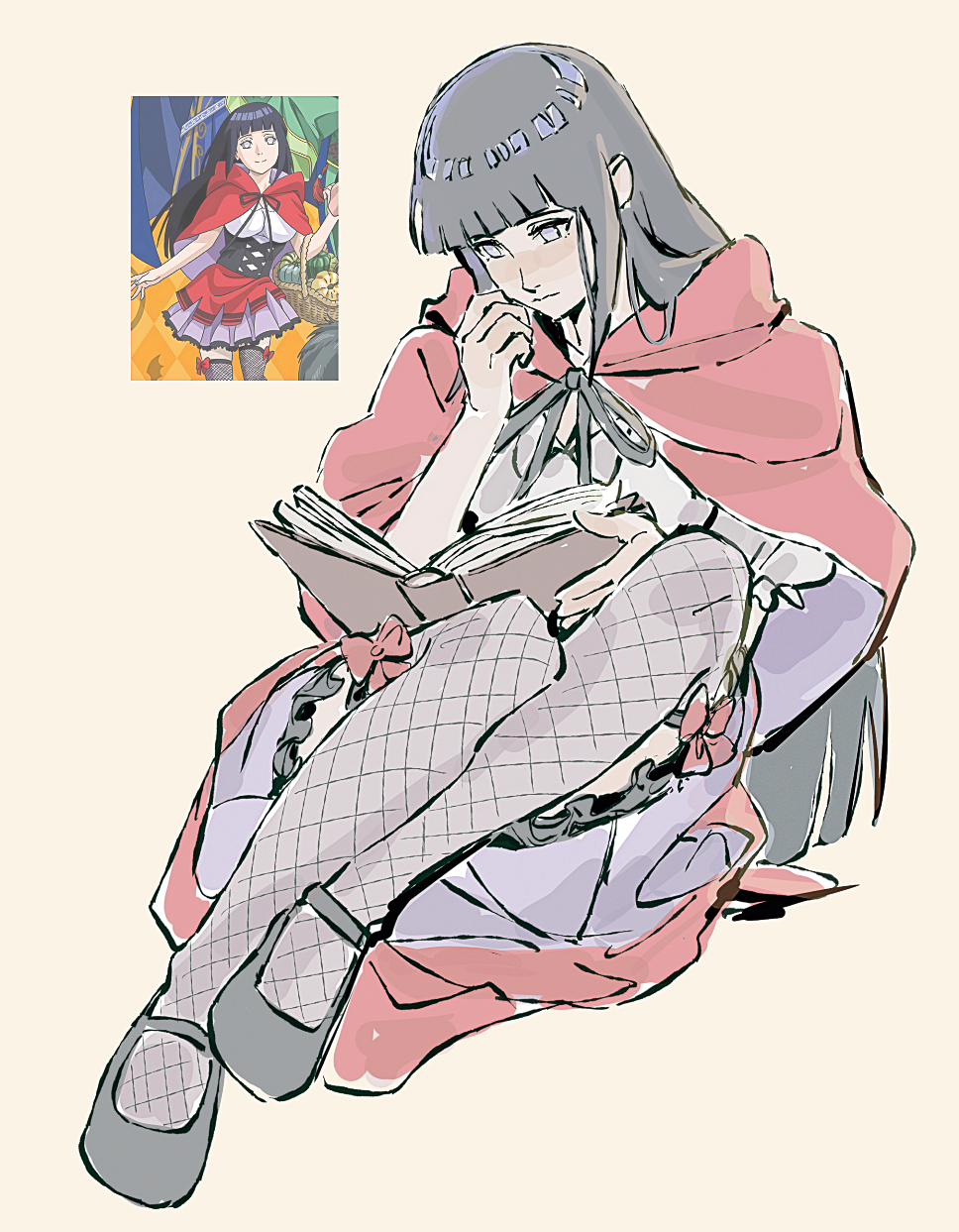 beerenfuchs, hyuuga hinata, naruto (series), naruto shippuuden, commentary, highres, 1girl, black hair, black shoes, blunt bangs, book, cape, fishnet thighhighs, fishnets, full body, holding, holding book, long hair, official alternate costume, purple eyes, purple skirt, reading, red cape, reference inset, shoes, skirt, solo, thighhighs