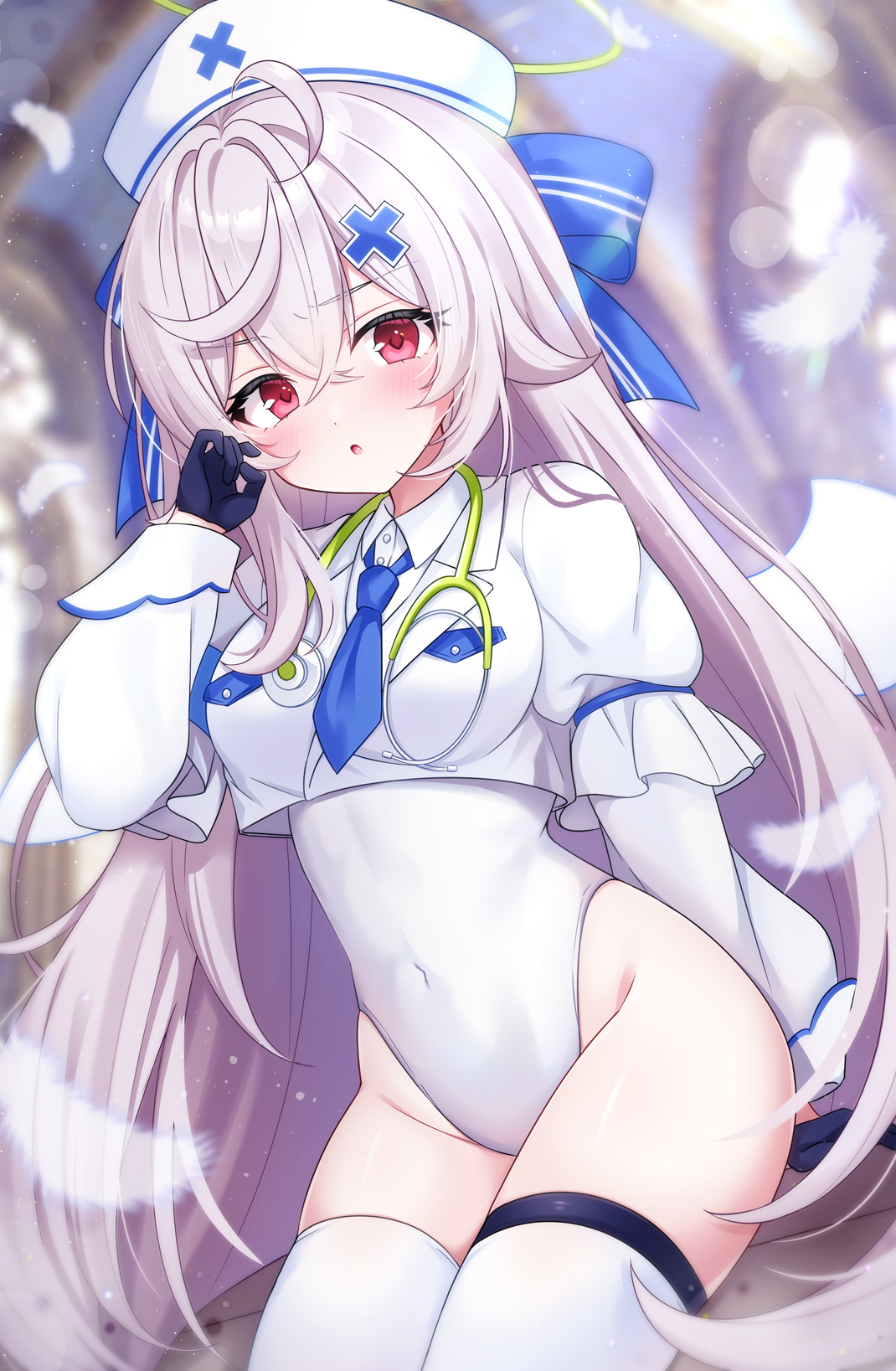 yomogi (becr), stella sora, commentary request, highres, 1girl, :o, beatrixa (stella sora), black gloves, blue bow, blue necktie, blurry, blurry background, bow, breasts, collared shirt, cropped jacket, depth of field, feathers, gloves, grey hair, hair between eyes, half gloves, halo, hat, jacket, layered sleeves, leotard, long sleeves, looking at viewer, medium breasts, necktie, nurse, nurse cap, parted lips, puffy long sleeves, puffy short sleeves, puffy sleeves, red eyes, shirt, short necktie, short over long sleeves, short sleeves, solo, stethoscope around neck, striped bow, thighhighs, white feathers, white hat, white jacket, white leotard, white shirt, white thighhighs, white wings, wings