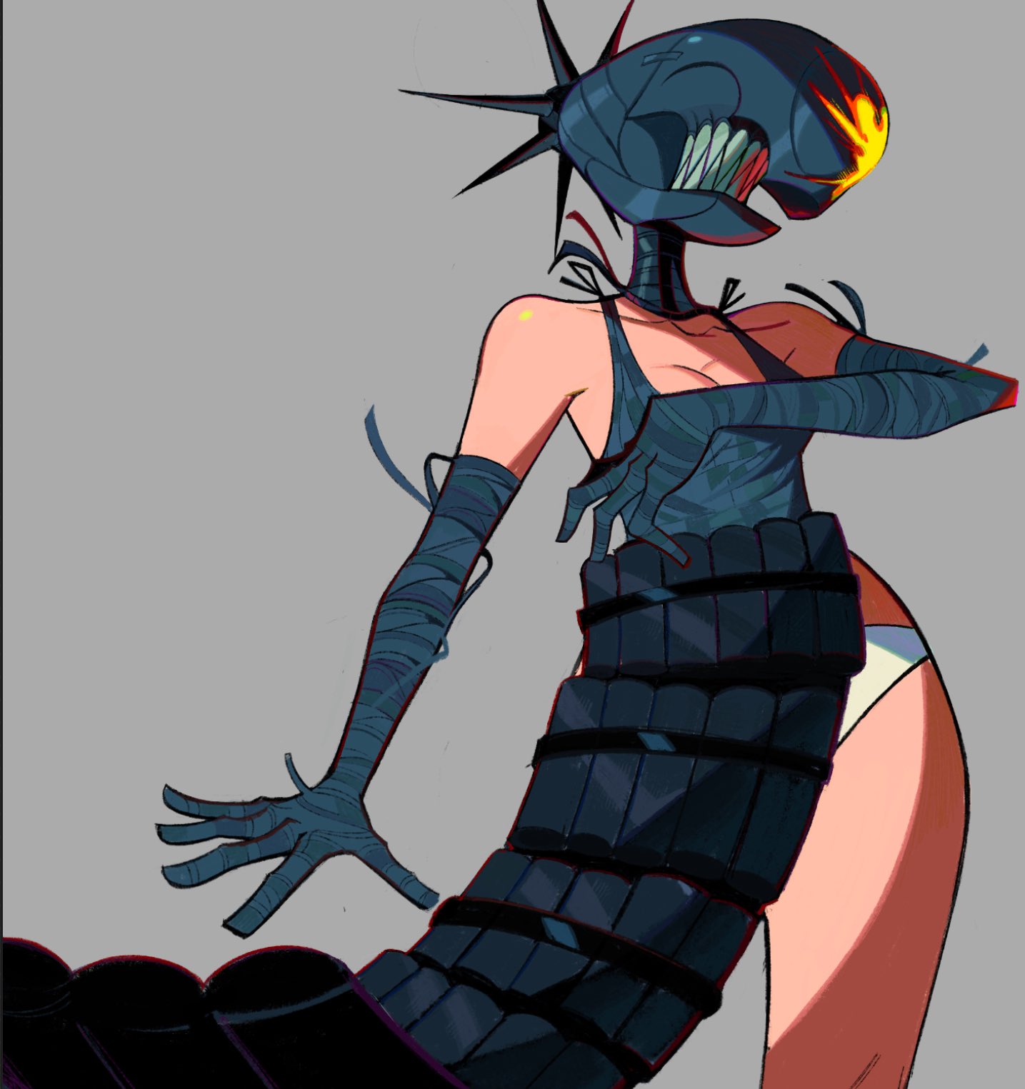 jojomama38, bomb devil (chainsaw man), chainsaw man, highres, 1girl, apron, black apron, black gloves, breasts, cleavage, dynamite, elbow gloves, explosive, gloves, grey background, medium breasts, object head, panties, simple background, solo, underwear, white panties