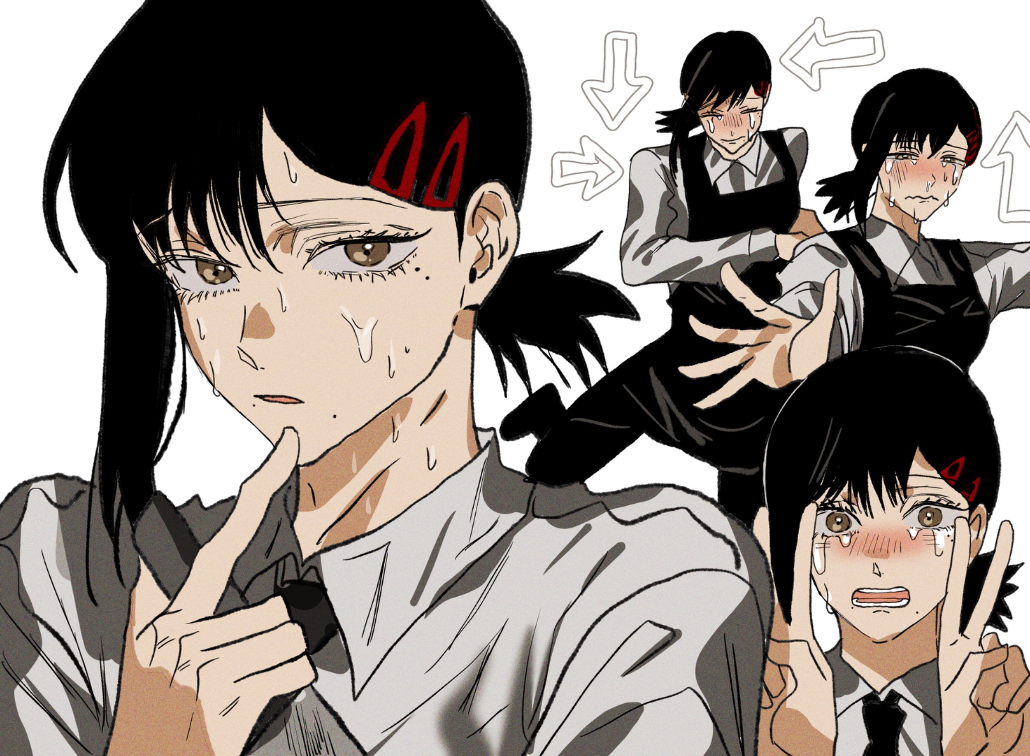 higashiyama kobeni, chainsaw man, highres, 1girl, apron, arrow (symbol), black apron, black hair, black necktie, black pants, brown eyes, busuttt, crying, crying with eyes open, double v, hair ornament, hairclip, multiple views, necktie, pants, ponytail, short ponytail, single sidelock, tears, v