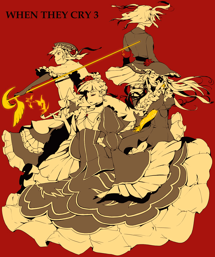 35, beatrice (umineko), eva beatrice, ushiromiya ange, virgilia (umineko), umineko no naku koro ni, 00s, 4girls, armband, back, choker, dress, frills, hat, jacket, kiseru, long hair, monochrome, multiple girls, red background, red eyes, ribbon, scepter, short hair, skirt, smoking pipe, spot color, staff, twintails, yellow theme