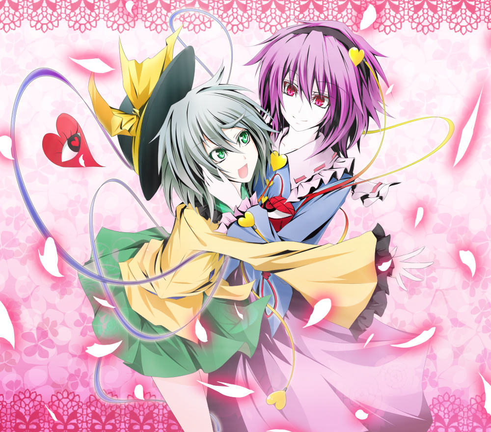 kanaria (fuusenkazura), komeiji koishi, komeiji satori, touhou, silver hair, bad id, bad pixiv id, 2girls, female focus, green eyes, hat, multiple girls, purple hair, red eyes, siblings, sisters