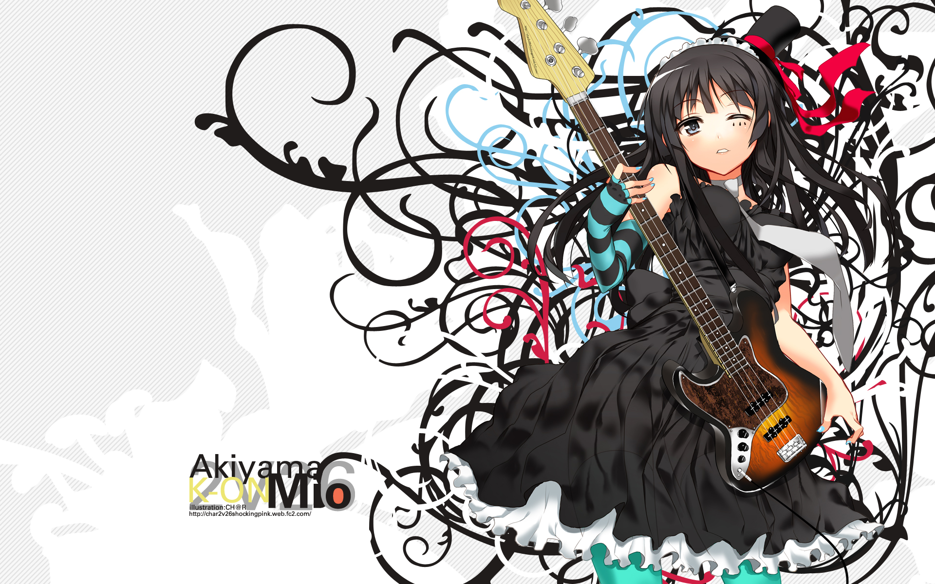 char, akiyama mio, don't say "lazy", k-on!, highres, 00s, 1girl, bass guitar, black hair, blue nails, blue pantyhose, dress, facepaint, female focus, gloves, hat, instrument, mini hat, mini top hat, nail polish, one eye closed, pantyhose, single glove, skirt, solo, top hat, wink