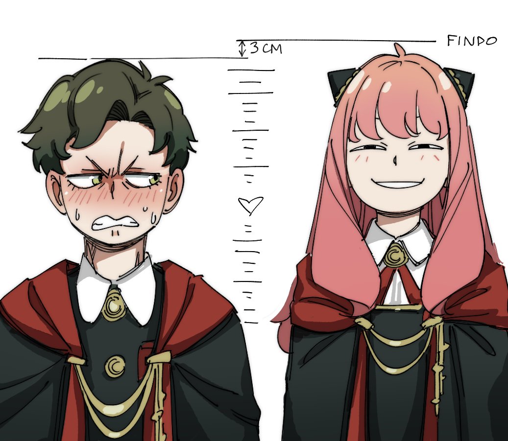 findoworld, anya (spy x family), damian desmond, spy x family, 1boy, 1girl, aged up, ahoge, black hair, black jacket, blush, character age, clenched teeth, collared dress, collared shirt, dress, eden academy school uniform, furrowed brow, gold trim, grin, hairpods, height difference, jacket, long hair, looking at another, parted bangs, pink hair, red cross tie, school uniform, shirt, short hair, smile, squinting, sweat, teeth, upper body, white background, yellow eyes