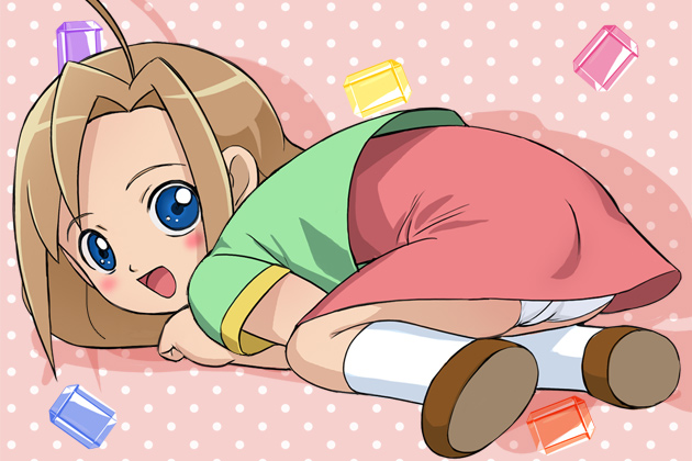 haruyama kazunori, sofia cherbourg, sanrio, sugar bunnies, sugarbunnies, 00s, blue eyes, blush, brown hair, child, dress, gem, green dress, looking at viewer, panties, panty peek, red skirt, skirt, smile, solo, squatting, underwear, white panties
