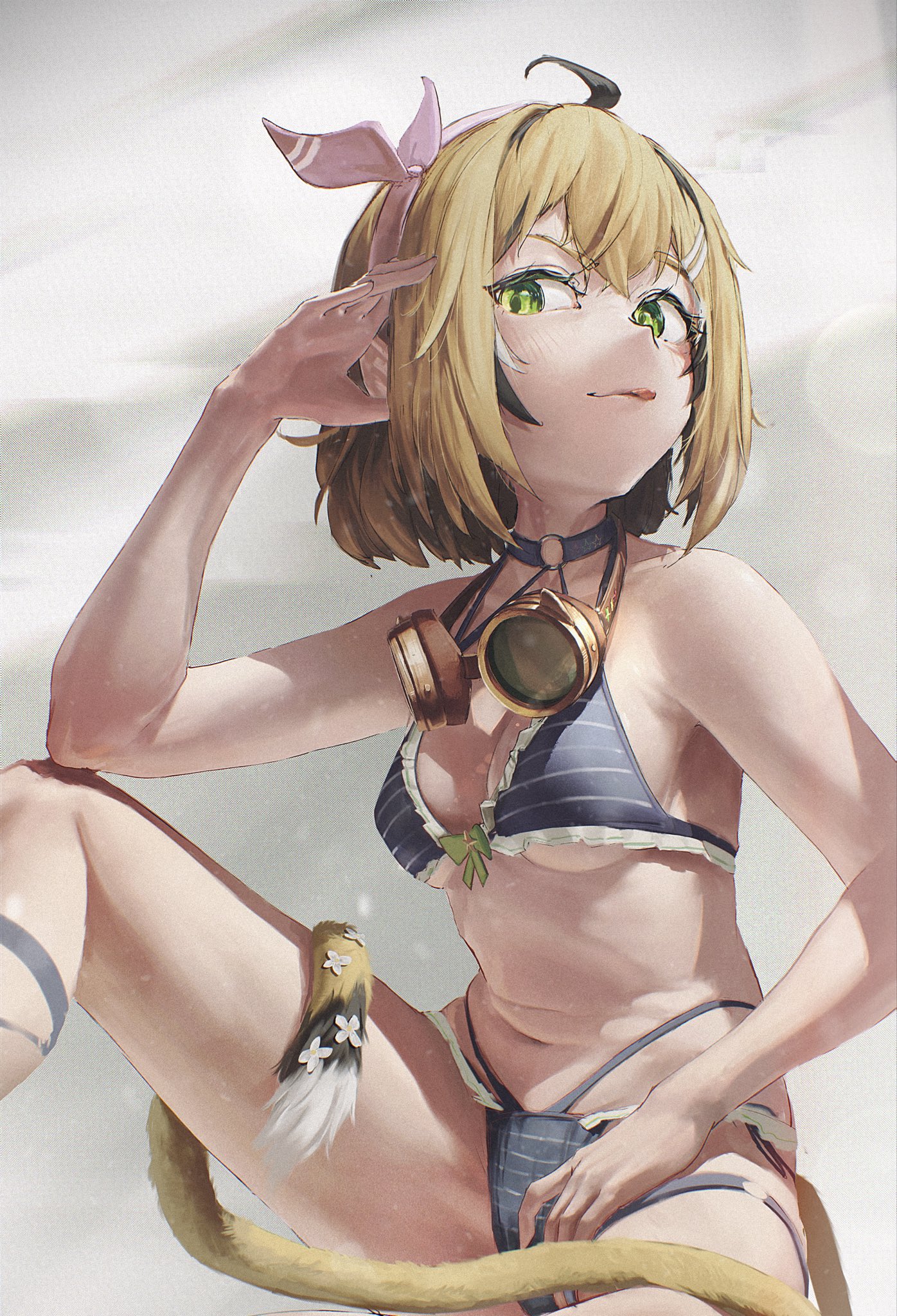kokono ka, dooby, dooby (summer), indie virtual youtuber, highres, 1girl, bikini, black streaks, blonde hair, blue bikini, breasts, closed mouth, goggles, goggles around neck, green eyes, jerboa tail, navel, pink ribbon, ribbon, small breasts, solo, striped bikini, striped clothes, swimsuit, virtual youtuber