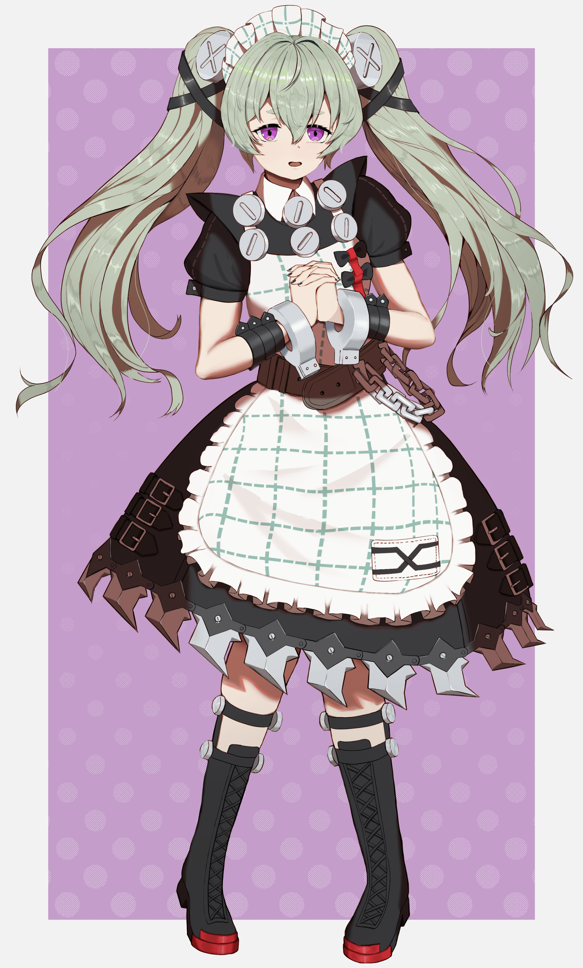 corin wickes, zenless zone zero, absurdres, commentary request, highres, 1girl, apron, belt, black boots, black dress, boots, chain, dress, green hair, hair between eyes, knee boots, long hair, looking at viewer, maid, maid headdress, open mouth, own hands clasped, own hands together, puffy short sleeves, puffy sleeves, purple eyes, rabozmw37izyzfl, screw hair ornament, short sleeves, solo, twintails, white apron