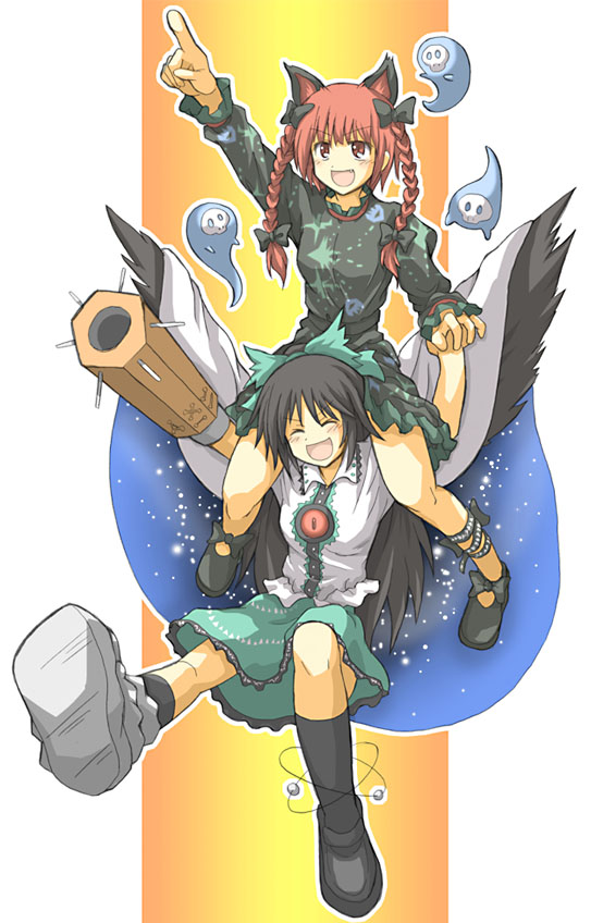 hino ryuu, hinoryu, kaenbyou rin, reiuji utsuho, touhou, bad id, bad pixiv id, 2girls, animal ears, black hair, braid, carrying, cat ears, cat girl, closed eyes, dress, fang, female focus, hair ribbon, long hair, multiple girls, ribbon, shoulder carry, skirt, socks, twin braids, wings