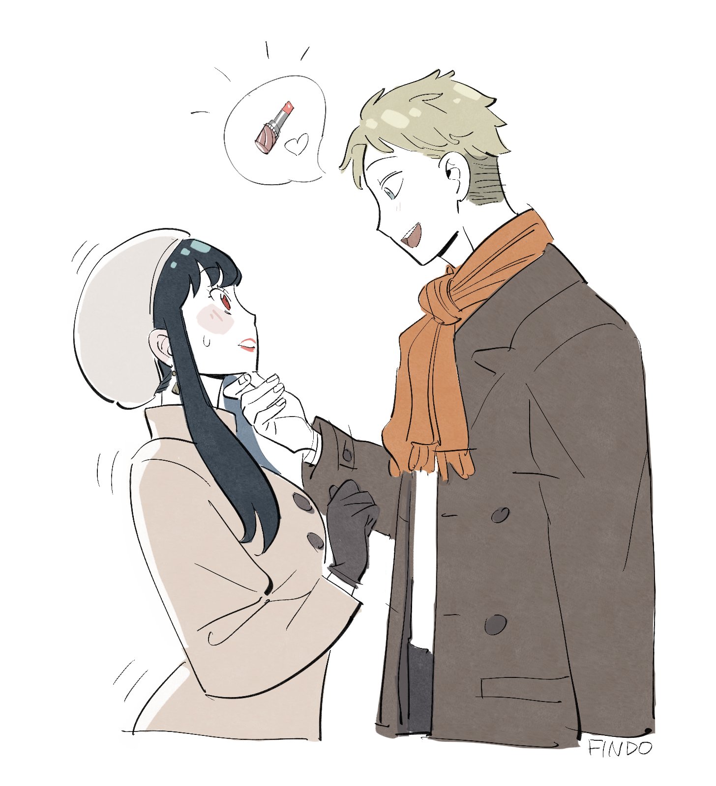 findoworld, twilight (spy x family), yor briar, spy x family, highres, 1boy, 1girl, artist name, black gloves, black hair, blonde hair, blush, breasts, coat, cosmetics, couple, earrings, gloves, grey coat, grey hat, hand on another's chin, hat, hetero, image in speech bubble, jewelry, lipstick, lipstick tube, long hair, makeup, medium breasts, open mouth, orange scarf, parted bangs, parted lips, scarf, short hair, sidelocks, smile, sweat, updo, upper body, white background
