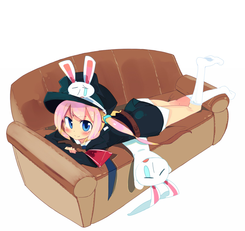 kanikama, mesousa, rebecca miyamoto, pani poni dash!, 00s, 1girl, blue eyes, child, couch, female focus, full body, hat, long hair, lying, on stomach, pink hair, socks, solo