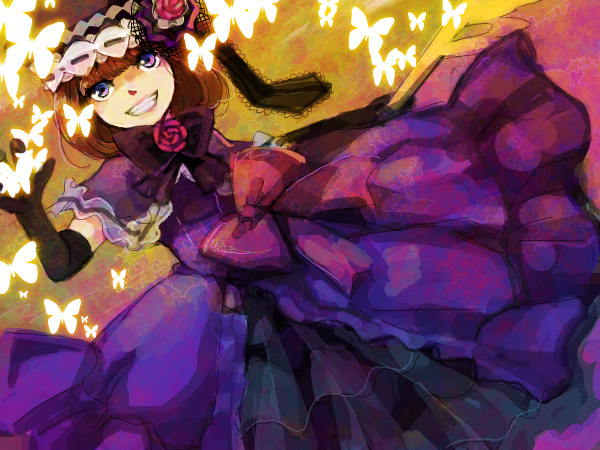minami (qibara), eva beatrice, umineko no naku koro ni, bad id, bad pixiv id, 00s, 1girl, blue eyes, bow, dress, elbow gloves, female focus, gloves, hat, orange hair, pink bow, ribbon, short hair, solo