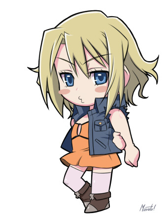 maruto!, ellis, ellis (el cazador de la bruja), el cazador de la bruja, lowres, 00s, 1girl, blonde hair, blue eyes, camisole, chibi, denim, female focus, flat chest, short hair, simple background, sleeveless, solo, thighhighs