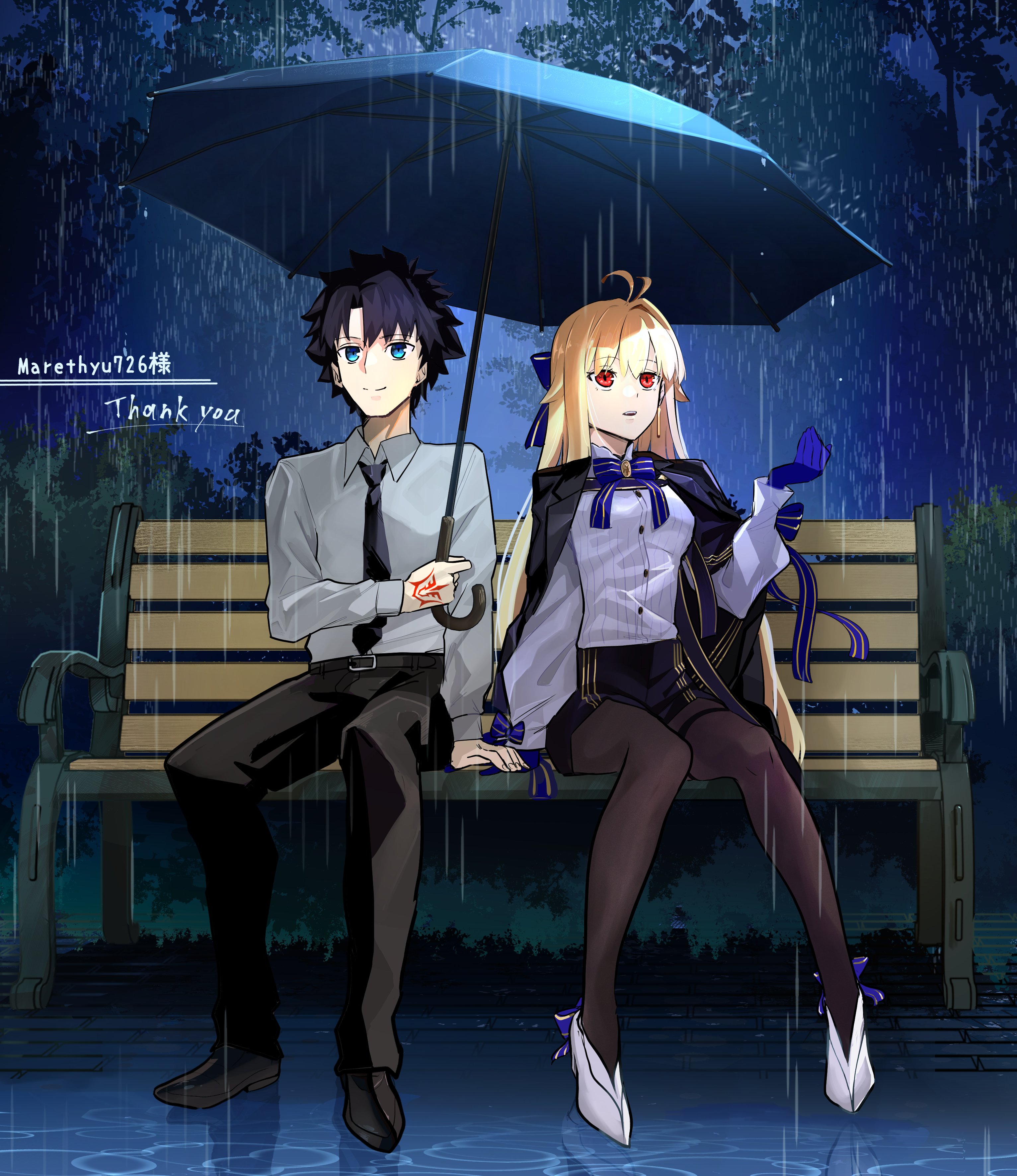 mor (morfowfow), archetype earth, archetype earth (celebratory attire), archetype earth (third ascension), arcueid brunestud, fujimaru ritsuka (male), fate/grand order, fate (series), absurdres, highres, 1girl, alternate costume, antenna hair, belt, bench, black capelet, black hair, blonde hair, blue bow, blue eyes, blue gloves, blue ribbon, bow, bowtie, capelet, collared shirt, full body, gloves, gold trim, hair bow, long hair, long sleeves, necktie, pantyhose, rain, red eyes, ribbon, shirt, umbrella, very long hair, white shirt