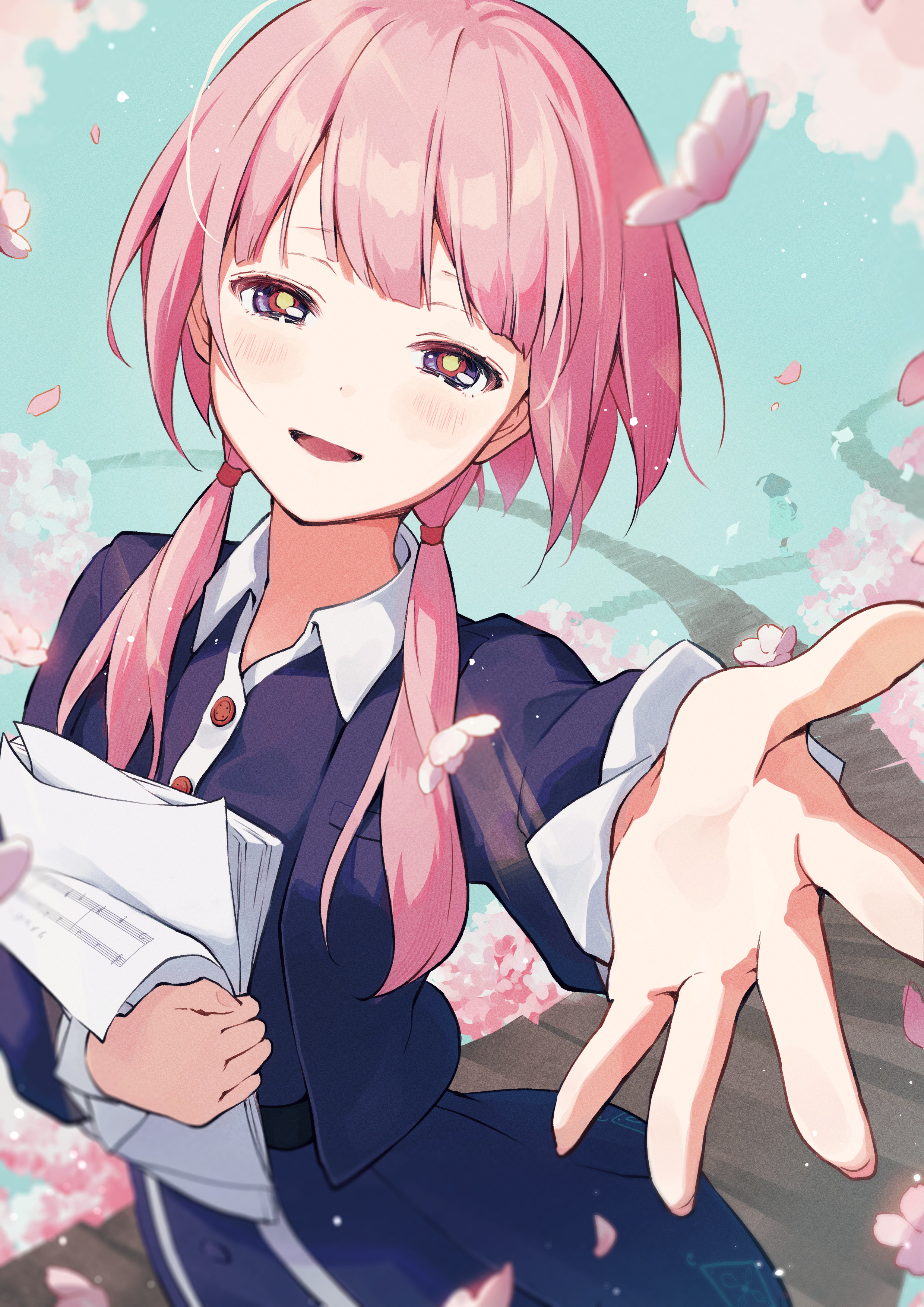 memori (egachachachan), kaf (kamitsubaki studio), kamitsubaki studio, absurdres, highres, 1girl, blunt bangs, buttons, cherry blossoms, half-closed eyes, holding, holding paper, jacket, long hair, looking at viewer, low twintails, multicolored eyes, open mouth, outstretched arm, paper, purple jacket, purple skirt, reaching, reaching towards viewer, skirt, smile, solo, twintails, virtual youtuber
