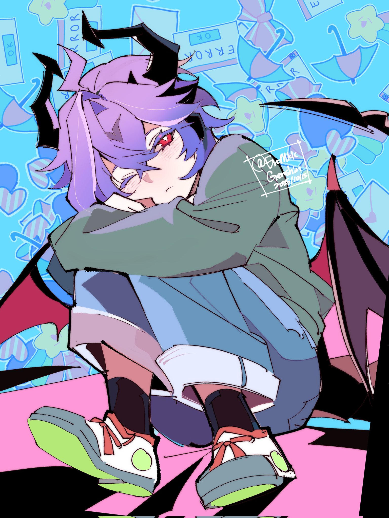 eromkk, mini durin (genshin impact), mini durin (human) (genshin impact), genshin impact, corrupted twitter file, hashtag-only commentary, highres, 1boy, ahoge, bat wings, black horns, black socks, blue pants, closed mouth, colored eyelashes, crossed bangs, denim, double-parted bangs, dragon boy, dragon wings, frown, grey shirt, heart, horns, hugging own legs, jeans, long sleeves, looking to the side, male focus, pants, purple hair, red eyes, shirt, shoes, sitting, sneakers, socks, solo, star (symbol), umbrella, wings