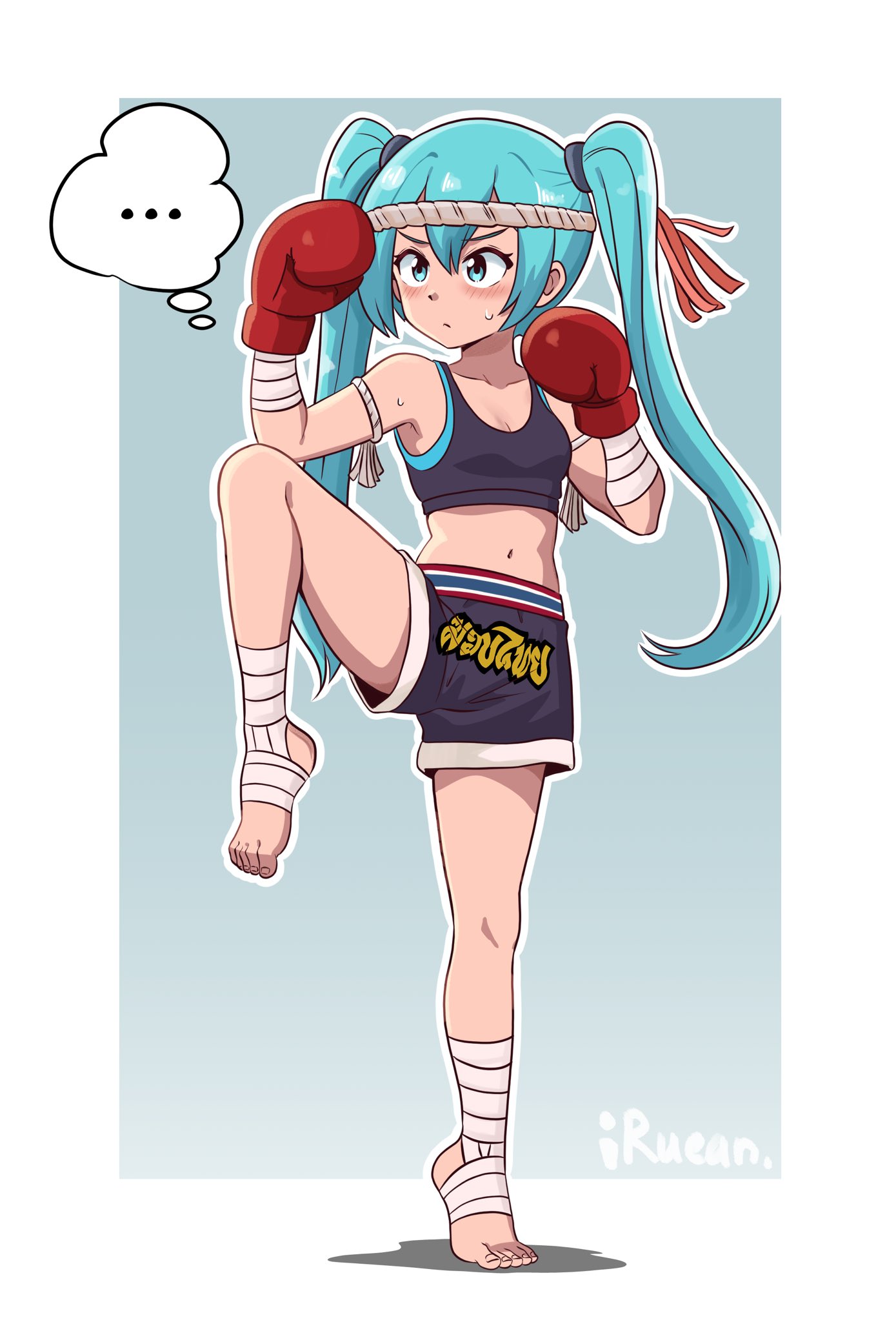 i.ruean, hatsune miku, vocaloid, bilingual commentary, commentary, english commentary, highres, mixed-language commentary, …, 1girl, aqua eyes, aqua hair, armband, bandaged leg, bandages, black shorts, black sports bra, boxing gloves, breasts, cleavage, fighting stance, full body, headband, muay thai, navel, rope, shorts, signature, small breasts, solo, speech bubble, sports bra, standing, standing on one leg, sweatdrop, thai commentary, thought bubble