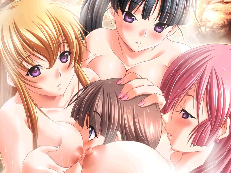 m&m, alcia elgarant, maho, sizuna kadokura, sylvia weper, magical witch academy, bad tag, game cg, 00s, 1boy, 3girls, breast smother, breasts, face to breasts, girl sandwich, hgame, multiple breast smother, multiple girls, nail polish, nipples, nude, sandwiched, surrounded by breasts