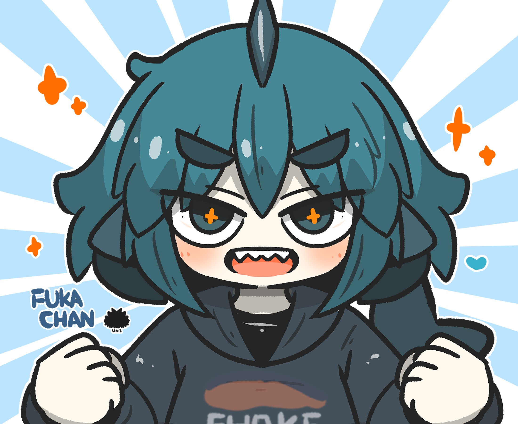 uni souchou, fuka-chan, original, commentary request, highres, + +, 1girl, :d, black hoodie, blue eyes, blue hair, blush, character name, chibi, clenched hands, fins, fish tail, hair between eyes, hands up, heart, hood, hood down, hoodie, looking at viewer, open mouth, outline, sea urchin, shark tail, sharp teeth, short eyebrows, smile, solo, sparkle, tail, teeth, thick eyebrows, upper body, v-shaped eyebrows, white outline
