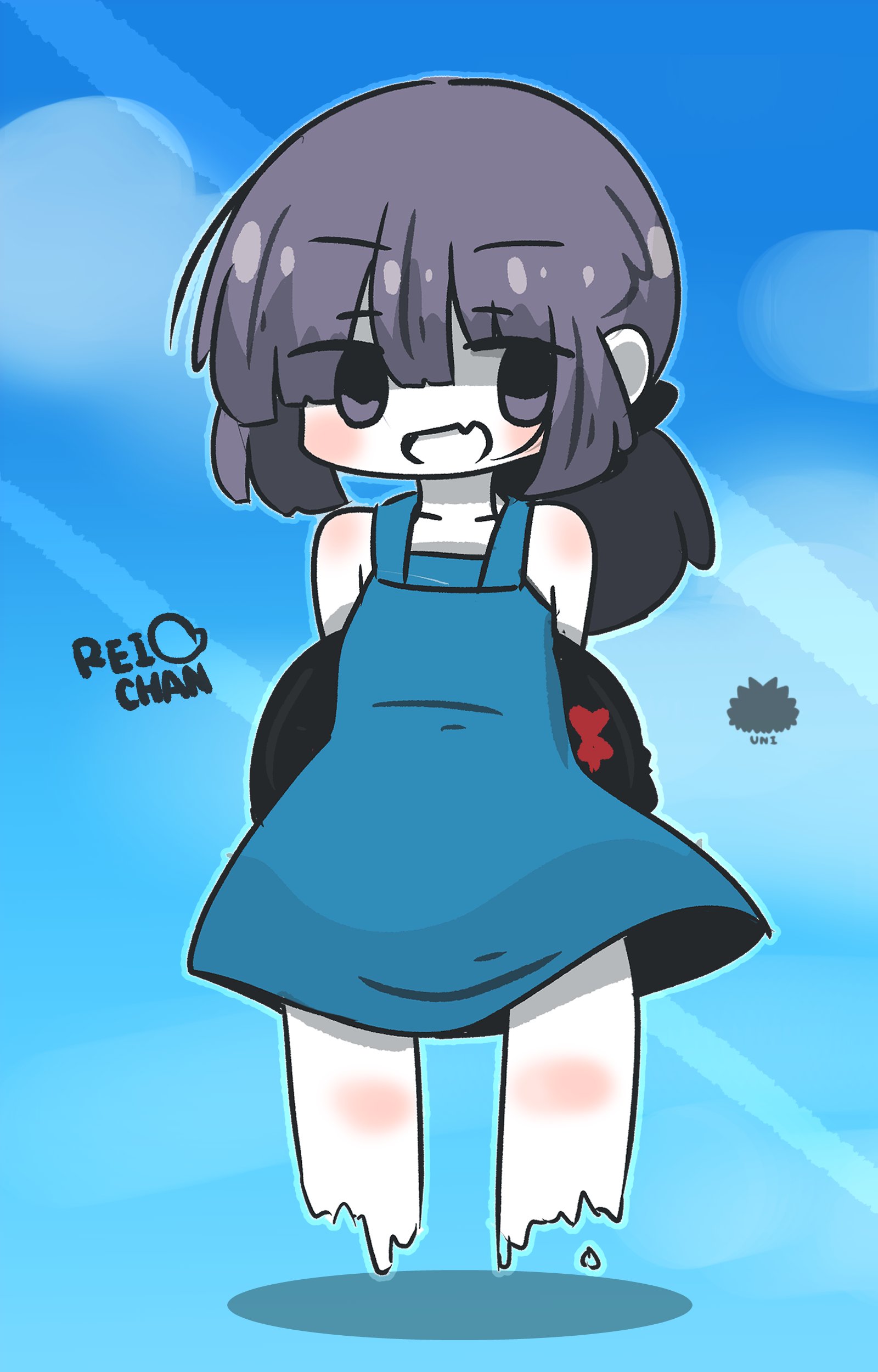 uni souchou, original, absurdres, commentary request, highres, 1girl, :d, arms behind back, bare shoulders, blue dress, blue sky, blush, character name, chibi, cloud, collarbone, dissolving, dress, fang, full body, long hair, open mouth, pale skin, purple eyes, purple hair, sea urchin, shadow, sky, sleeveless, sleeveless dress, smile, solo