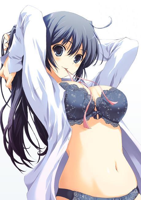 blue eyes, blush, bra, hand over head, lingerie, long hair, mouth hold, navel, purple hair, underwear